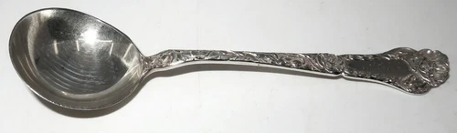 Antique 1902 Gorham POPPY Monogram Sterling Round Cream Bowl Soup Spoon, 5 1/8"