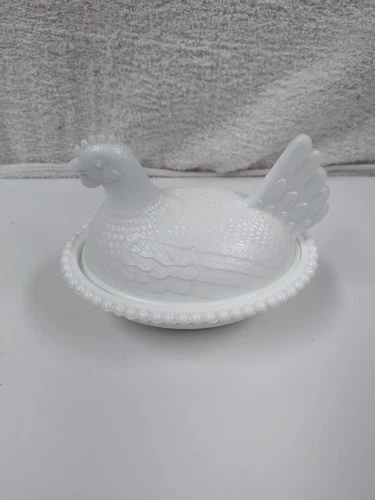 Vintage Indiana Glass White Milk Glass Hen On Nest Candy Dish 7"L