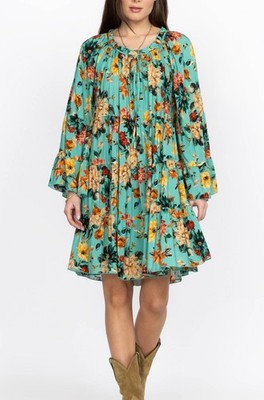 Johnny Was JADE Tulum Mini Dress XS Turquoise Floral Bell Sleeve Rayon Read!