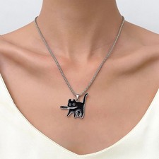 Silver Plated Cute Black Cat Women Animal Necklace Pendant Jewelry Gift