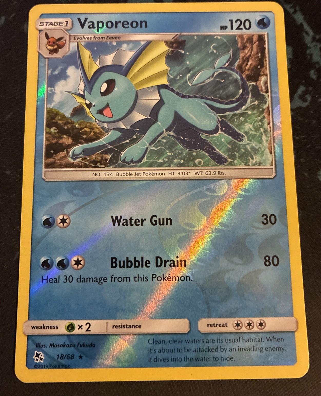 Vaporeon 18/68 Hidden Fates 2019 Reverse Holo Rare Pokemon TCG Card - LP