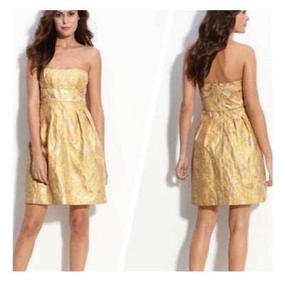 bcbg gold cocktail dress BCBG MaxAzria Strapless Jacquard Cocktail Dress Size 8 Gold Wedding Guest  Glam