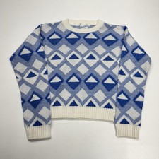 Knitissimo Diamond Pattern Knit Sweater Youth 12 Blue White USA Acrylic Crewneck