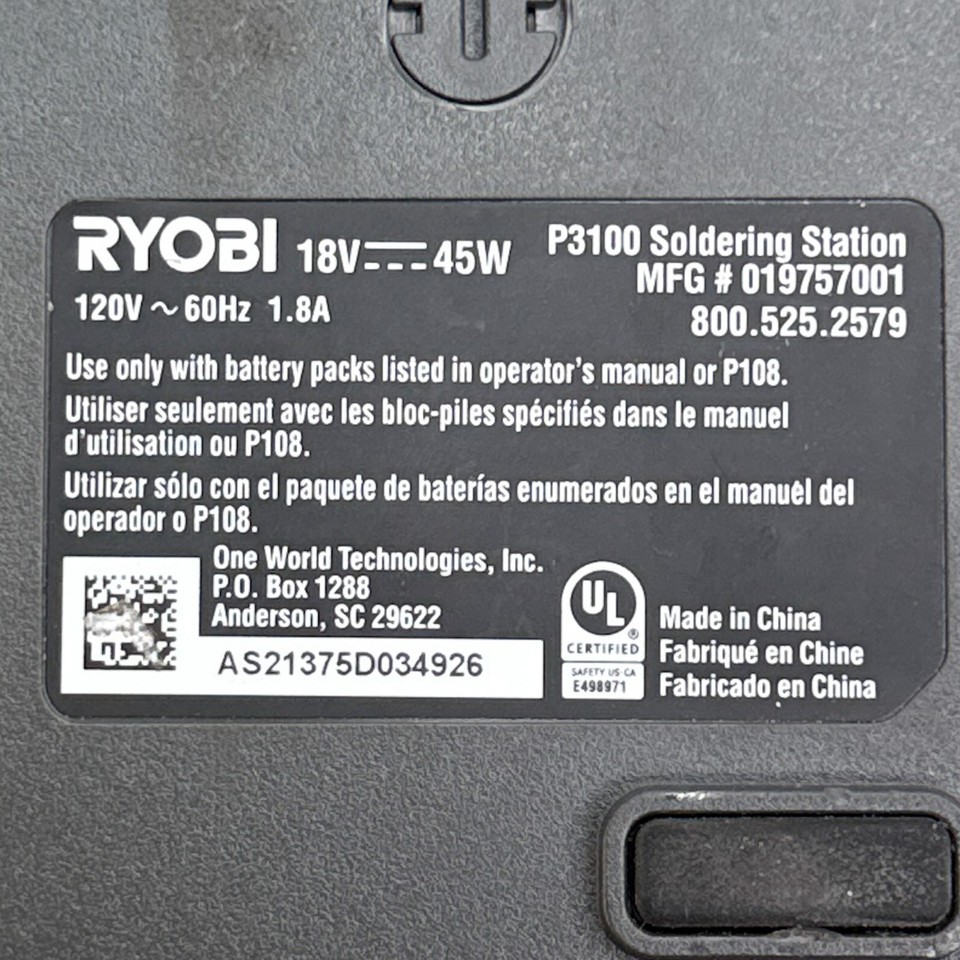 Ryobi P3100 18V ONE+ Hybrid Soldering Station Base Only **FOR PARTS ...