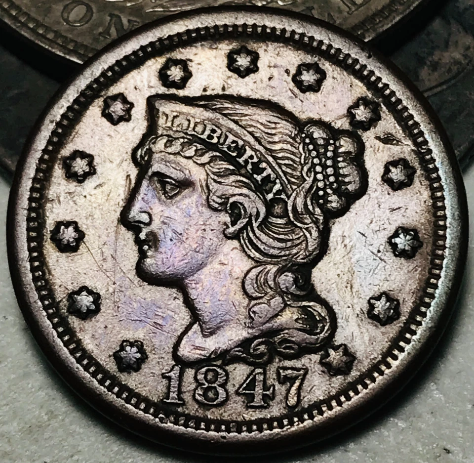 Moeda de cobre 1847 centavo grande cabelo trançado de matrona 1C escolha não classificada EUA CC25181 - Imagem 3 de 4