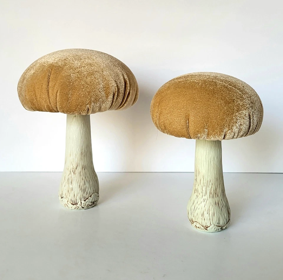 Decorative Velvet Mushrooms Set of 2 Retro Shelf Sitters 8.5" & 7" Ex Cond - Image 2 of 4
