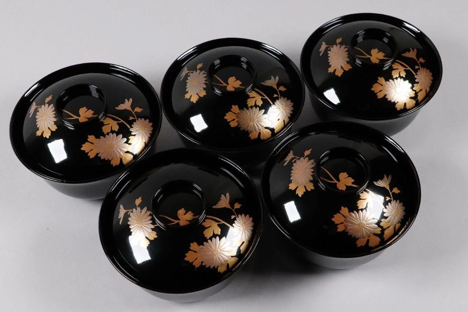 Juego de 5 cuencos de laca japonesa crisantemo negro Maki e tapa Kaiseki Foto 2 de 4