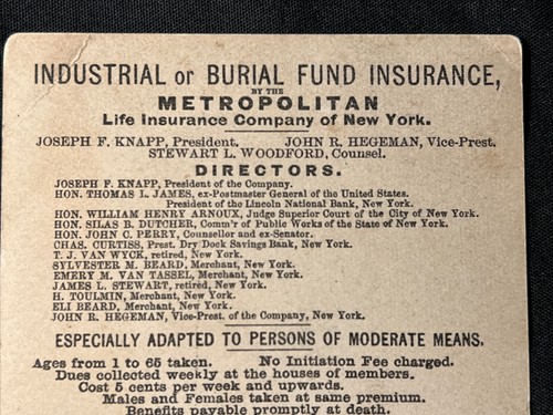 Tarjeta comercial publicitaria victoriana seguro fondo de entierro metropolitano de la década de 1880 Baltimore MD - Imagen 7 de 9