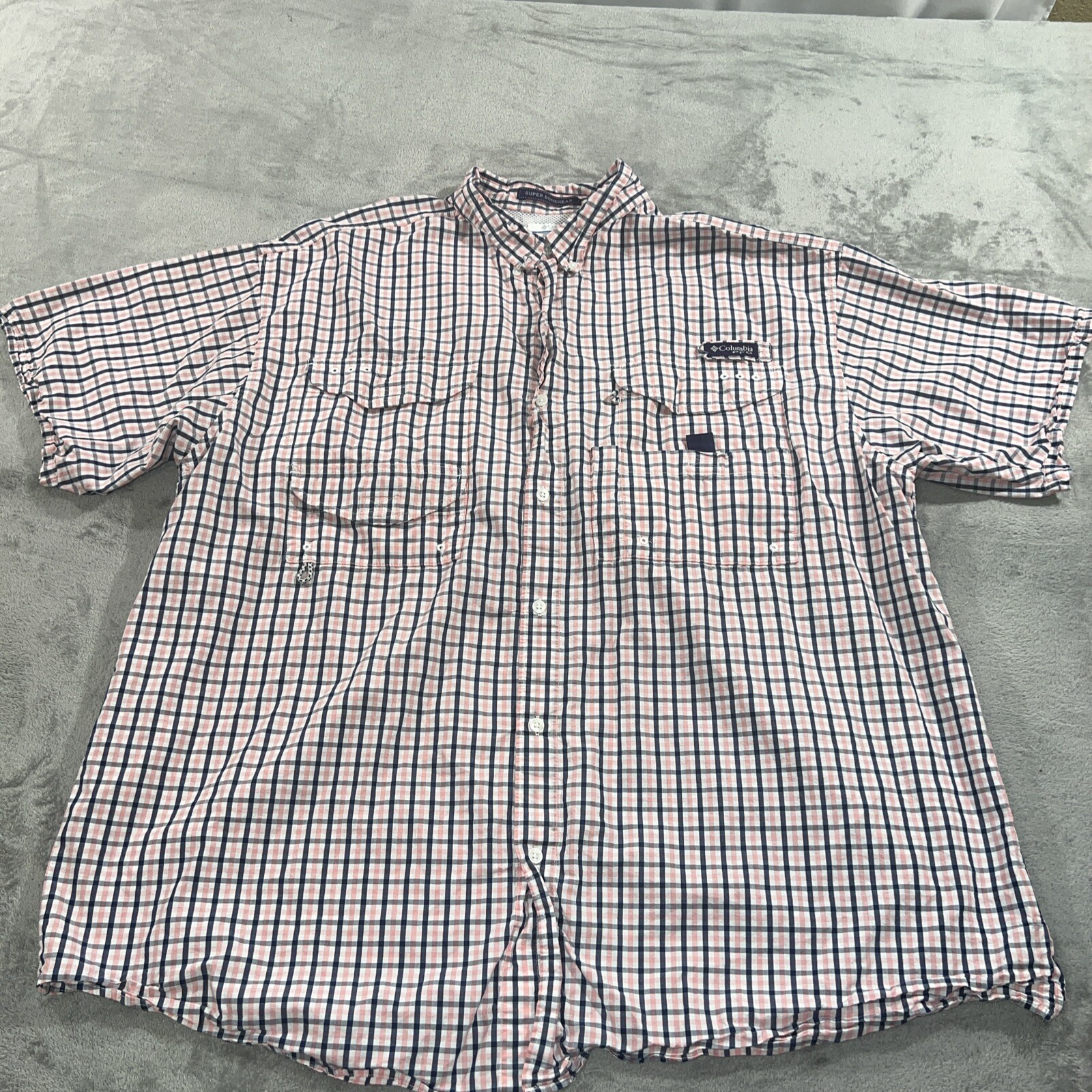 Columbia PFG Super Bonehead Shirt Men Size 2XL Button Up Pink Short Sleeve Plaid