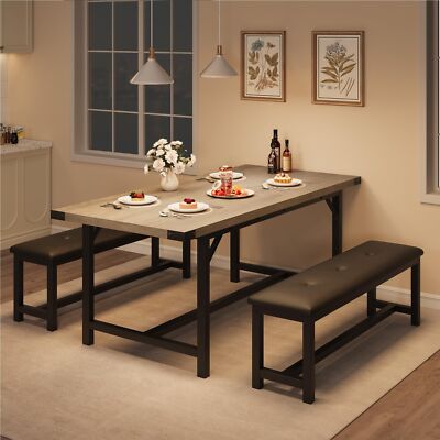 Dining Table Set for 4-6,63'' Large Extendable Dining Room Table Set w/ 2 Benches