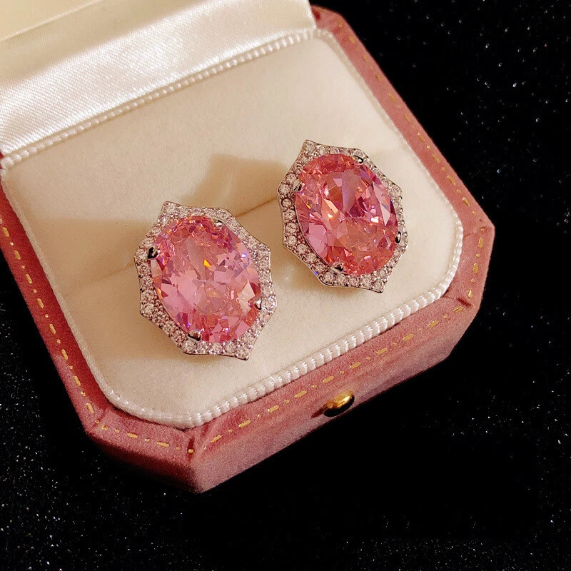 New European Design Charm Oval Pink Topaz Gems Women Silver Stud Earrings 1 Pair - Image 4 of 4