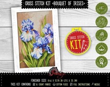 Blue Irises Cross Stitch KIT with Counted Pattern Flower Bouquet Embroidery KIt