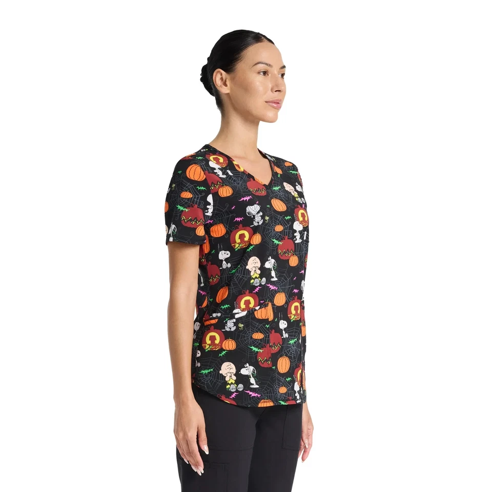 Peanuts Charlie Brown Spooky Snoopy Women's V-Neck Print Scrub Top Size Medium - Image 4 of 4