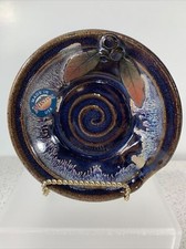 Blue Ceramic With 3D Blueberries & Leaves Spoon Rest Made In USA Round 5.5 Inch