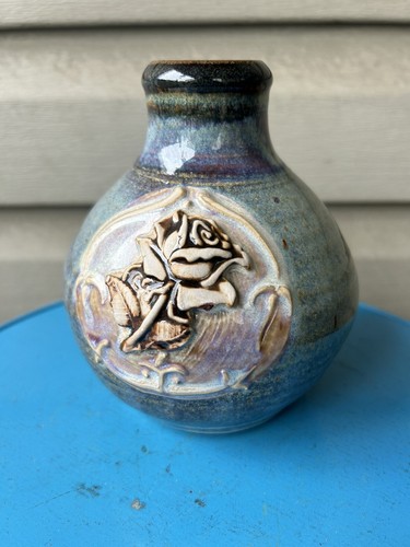 Vintage Carved Rose Blue Purple Drip Studio Art Pottery Jug Pitcher 6"-Signed