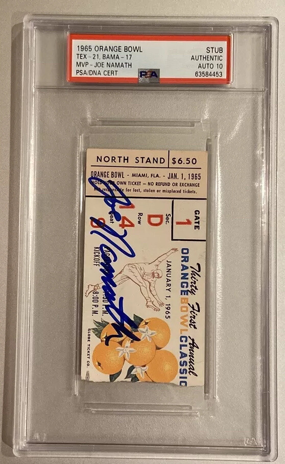 Joe Namath Autographed Signed Alabama Crimson Tide 1965 Orange Bowl MVP Football Ticket PSA/DNA 10 Certified HOF 