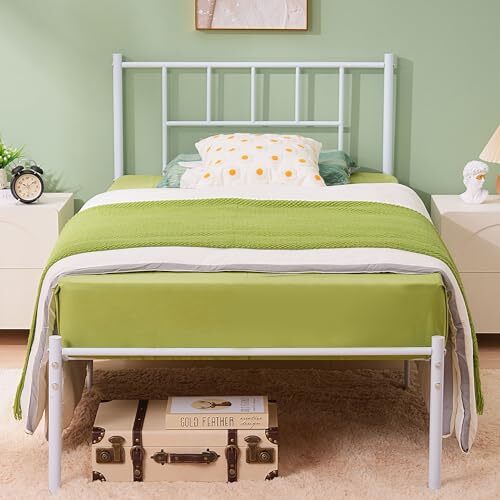 Metal Platform Bed Frame with Headboard, Heavy Duty Twin Pure White Industrial