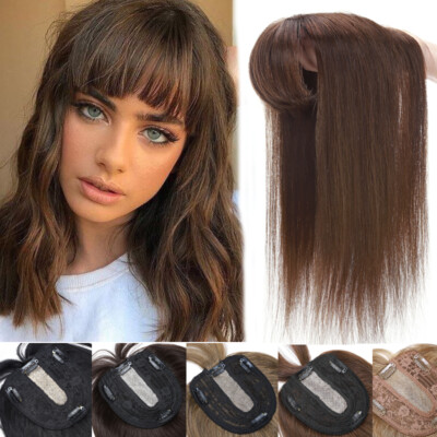Large Base Clip In 100% Indian Human Hair Topper Top Hairpiece Toupee With Bangs