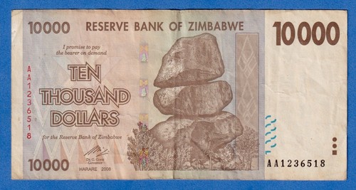 Zimbabwe 10000 10,000 Dollars 2008, P-72, Circulated Note **RARE** AA1236518 - Foto 1 di 2