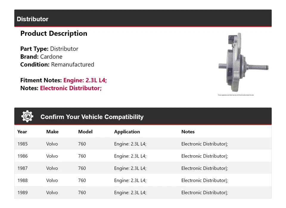 For 1985-1989 Volvo 760 2.3L L4 Distributor Cardone 1986 1987 1988 - Image 2 of 4