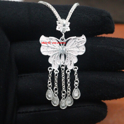 Real 999 Fine Silver Butterfly Pendant 2.0inch H With Feather Charms Pendant