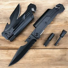 8.5" Black EDC Spring Assisted LED Multifunction Pocket Knife Survival MULTITOOL