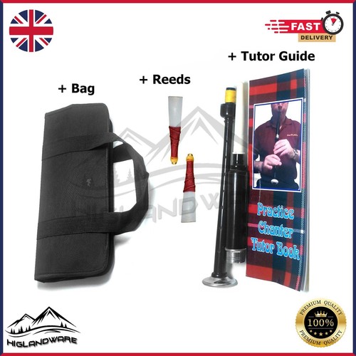 Black Rosewood Highland Bagpipe Learning Practicing Chanters With Reeds & Bag - Picture 2 of 3