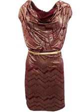 Womens Burgundy Red Gold Chevron Scribble Print Cocktail Evening Dress