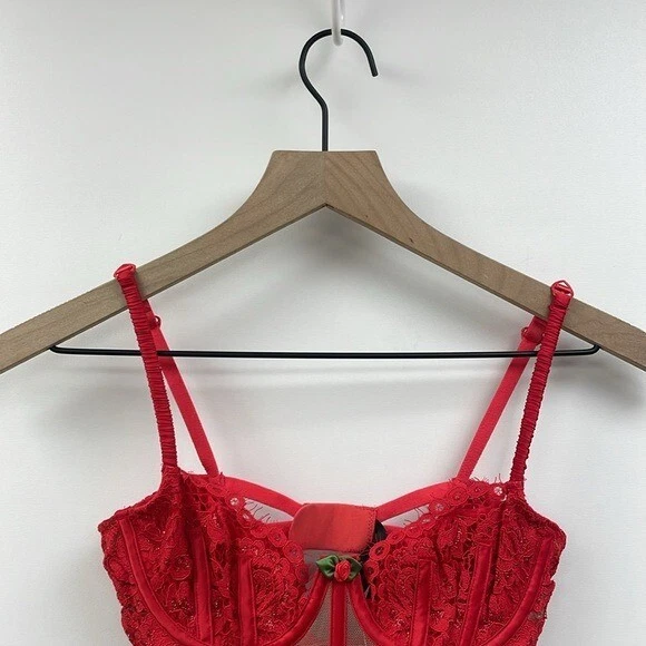 Nuevo con etiquetas For Love & Lemons Rosa Floral Encaje Corazón Bustier Lencería Top Sexy Rojo XS Foto 4 de 4