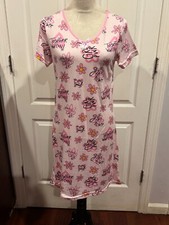 Women Short Sleeve Nightgown Floral Design Print Pink Sz M 35"L x 16"W