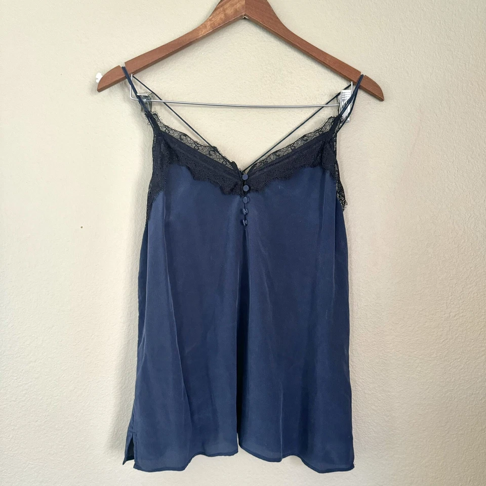 Camiseta sin mangas Nordstrom de seda con ribete de encaje con tiras de satén azul talla pequeña Foto 2 de 4