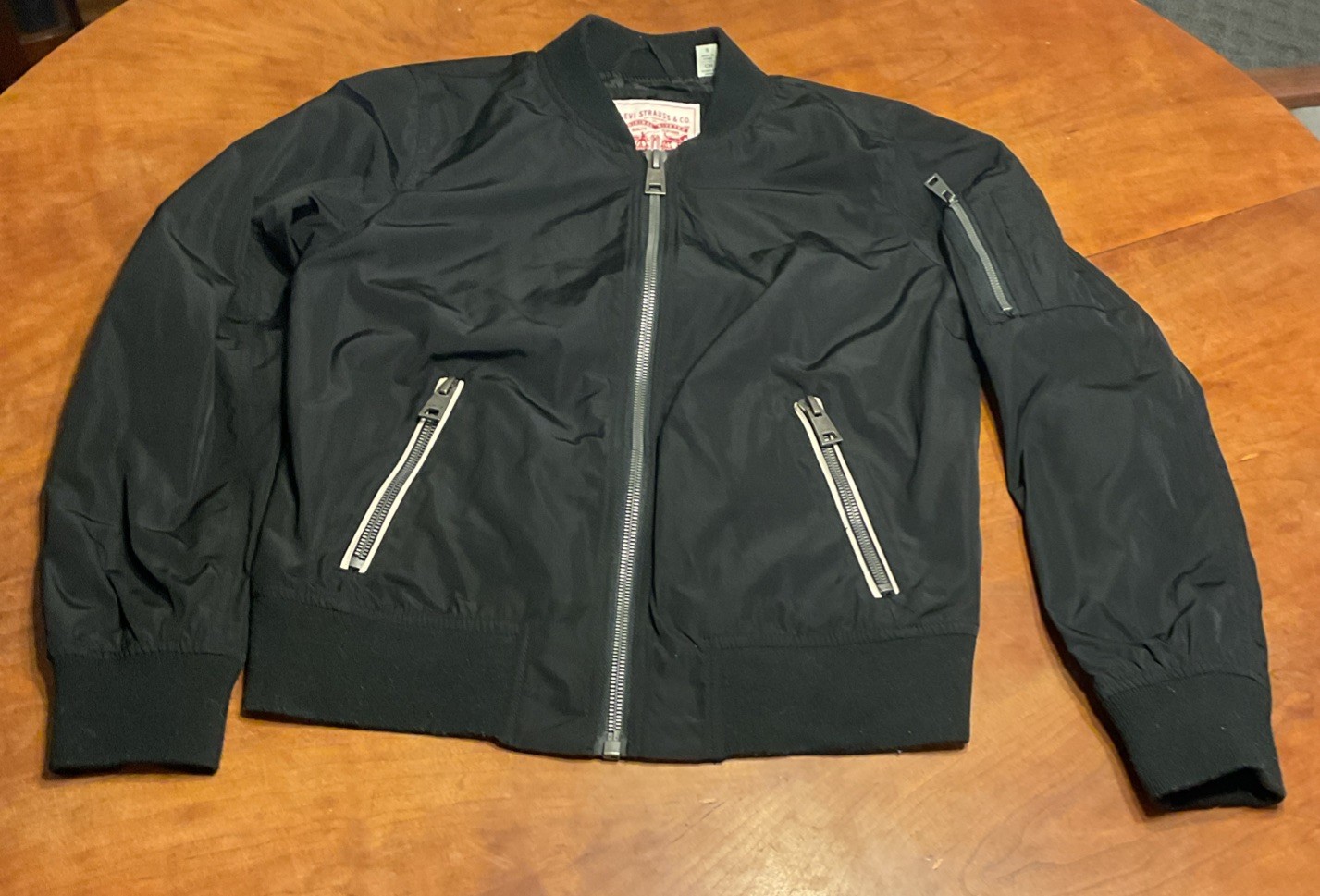 Levi’s Jacket Womens Small Black Bomber Polyester Stretch Long Sleeve Full Zip