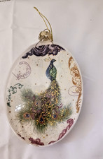 6  Peacock Oval Glass Christmas Ornament gold glitter