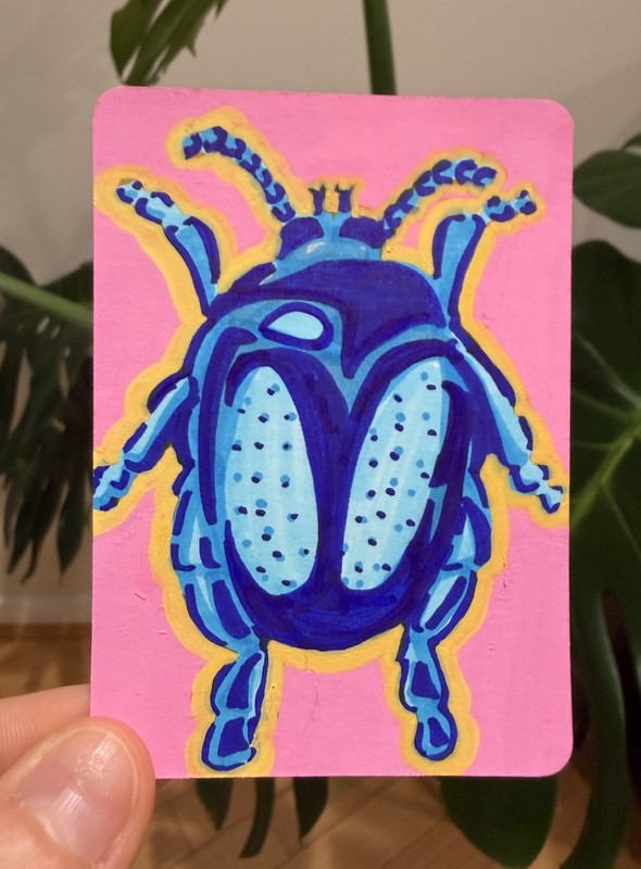 ACEO Original Blue and Pink Beetle Acrylic, Bug Illustration by Viristudios