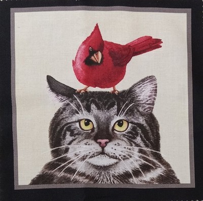 Elizabeth's Studio~''Kitty Cat & Cardinal''~Cotton Fabric Panel ~ 6.75''x6.75''