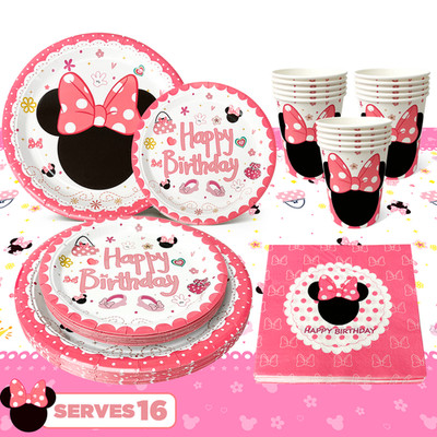 Minnie Mouse Kinder Geburtstags Deko Party Geschirrset Teller Tischdecke Becher 