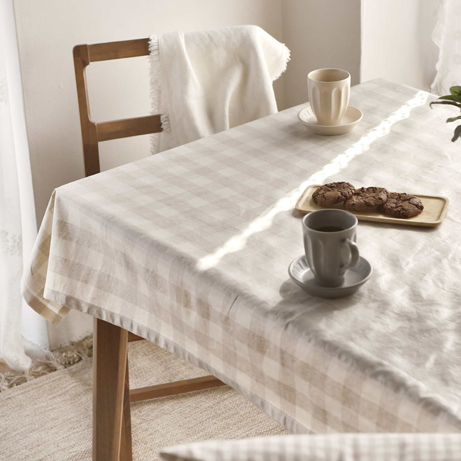Natural Check Waterproof Kitchen Dining Table Cover, Washabl
