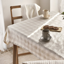 Natural Check Waterproof Kitchen Dining Table Cover, Washable Cotton Tablecloth