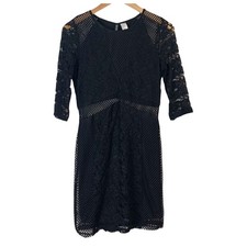 H&M Black Lace Mesh Dress 3/4 Sleeve Sheath 10 M Medium Little Black Dress LBD