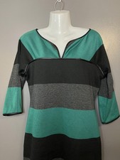 Max Studio Sweater Dress Womens Small Green Black Stripe Knit 3/4 Sleeve Shift