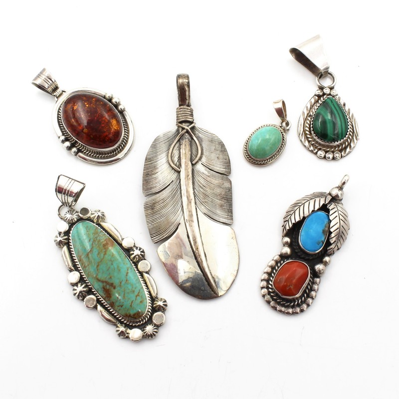 Southwest Signed Sterling Turquoise Red Coral Amber Pendants Lot of 6 #S5593-5