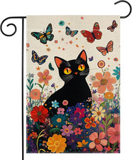 Spring Cat Garden Flag 12X18 Inch Double Sided Summer Butterfly Colorful Floral