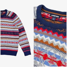 Lands  End Fair Isle Sweater Mens L Navy Blue Red Crewneck Cabin Nordic Grandpa