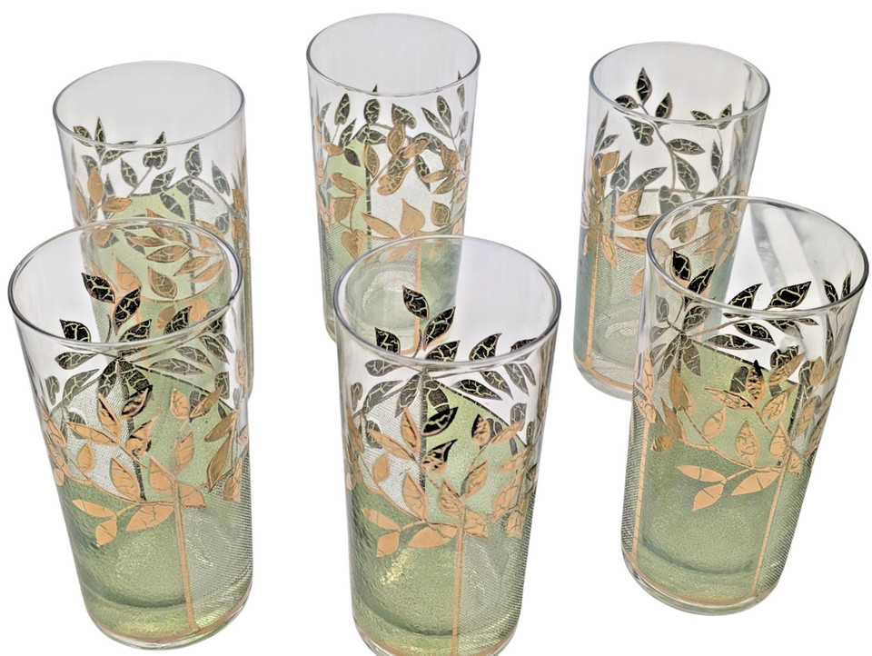 Culver green and gold leaf highball glasses are iconic mid-century American barware — six of them together are a ready-to-gift set that looks straight out of a 1960s supper club.