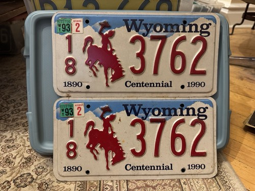 1990 Wyoming License Plates Pair 1993 Centennial 18 3762 Crook County