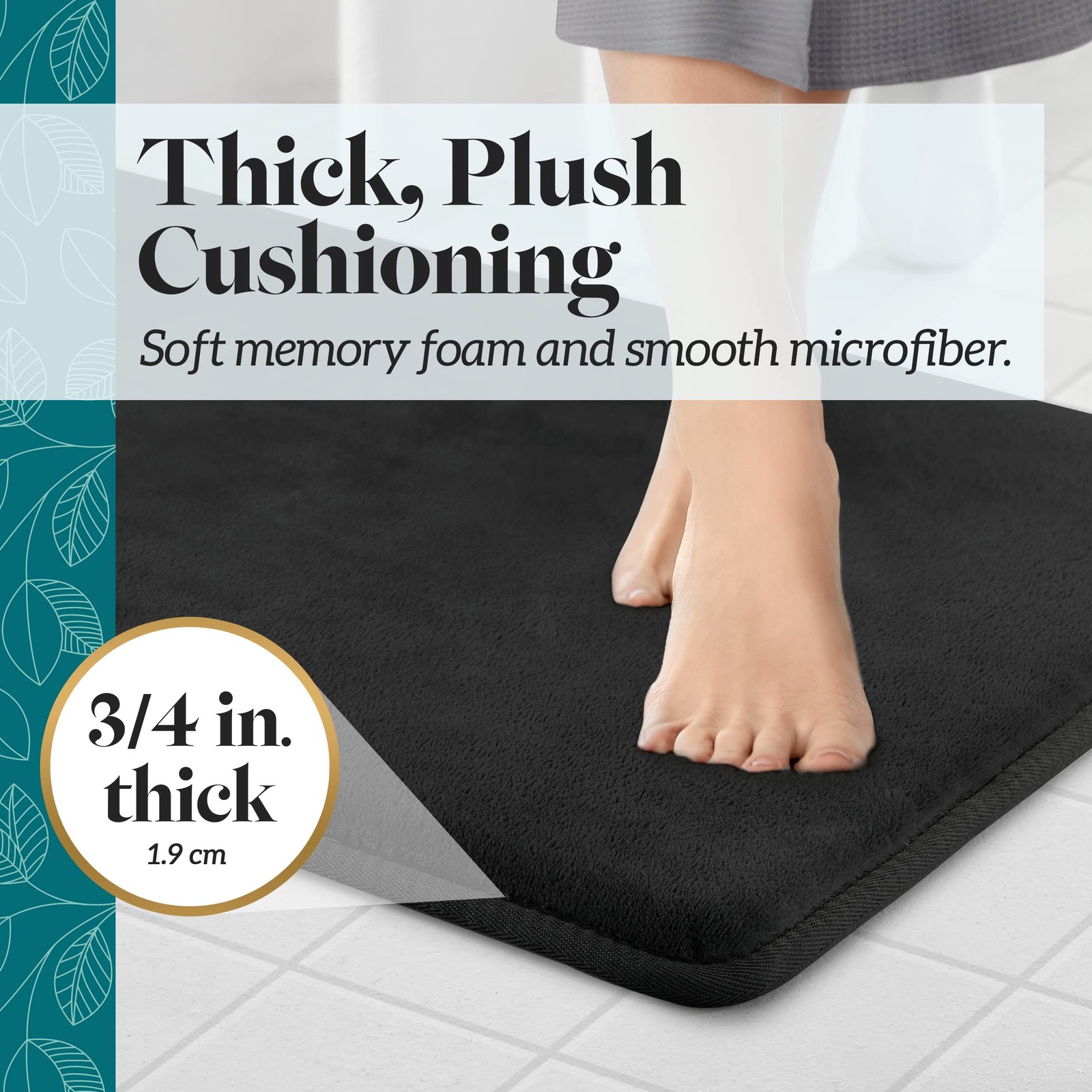 Genteele Memory Foam Bath Mat 22x36 Black - Non-Slip, Absorbent Velvet Rug