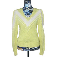 VTG 70s 80s NANNELL Angora V-Neck Sweater Bead Embellished Puff Sleeve Yellow M