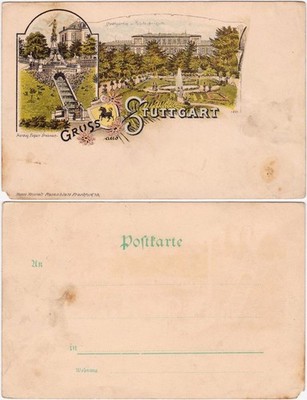 Postcard litho postcard Stuttgart 2 picture litho: polytechnic and fountain 1906