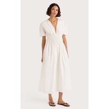 Faithfull The Brand White Cotton Puff Sleeve Smocked Midi Dress Womens Size S