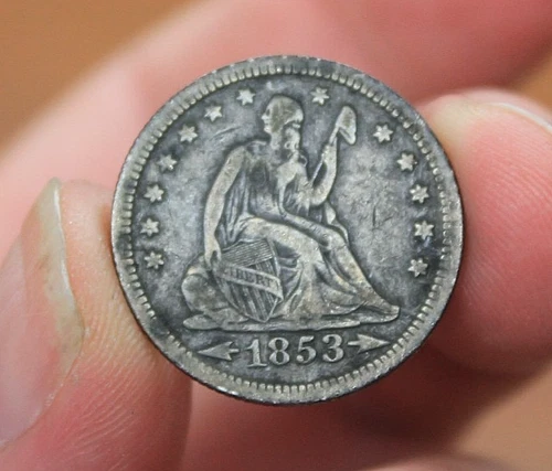 1853 Silver Seated Liberty Quarter with arrow and rays VF